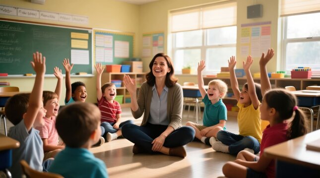 Elementary school teacher and students in circle, hands raised