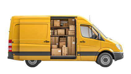 Yellow delivery van with open cargo bay filled with boxes