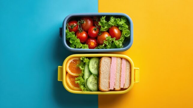 Lunch box with tasty food on a two-tone background