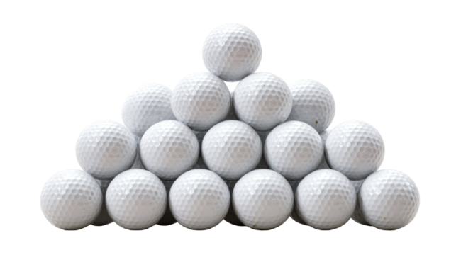 Pyramid formation of white golf balls on a plain white surface, cut out transparent