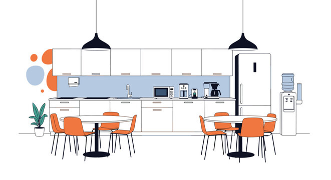 Modern office breakroom design with orange chairs and kitchenette area featuring coffee maker and water cooler for employee relaxation and social interaction