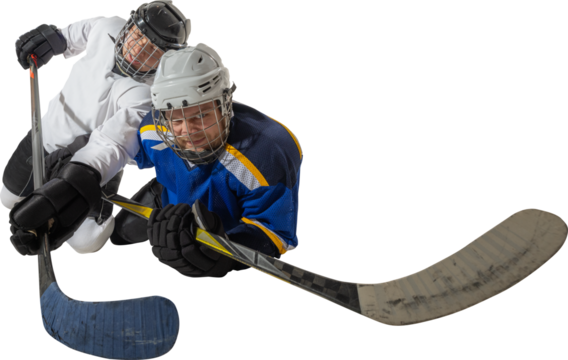 Two ice hockey players battling for puck with sticks in close competition on transparent background. Concept of rivalry, intensity, athletic discipline, teamwork and sports determination.
