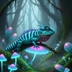 unique colored lizard on mushroom