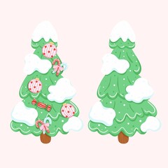 Coquette Christmas Trees Digital Clipart Set - Kawaii Green Pine Trees with Snow White Clouds Pink Ornaments Candy Canes Cute Holiday Winter Elements