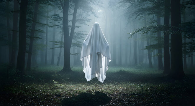Spectral Apparition: Ghostly Figure in Ethereal Forest