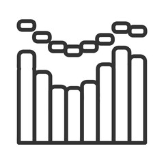 A bar chart with a trend line above it The bars are of varying heights. Editable stroke. Vector illustration