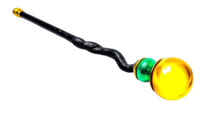 Ornate Black Twisted Staff with Yellow and Green Orb Accents on White, cut out transparent