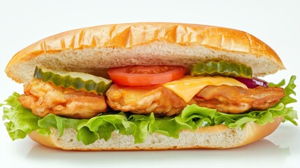 A freshly made sandwich with layers of crispy lettuce, juicy tomatoes, melted cheese, and grilled chickenon white background