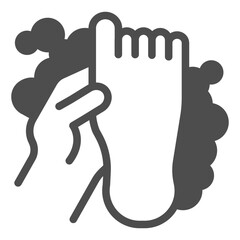 Obraz premium Foot with soap foam solid icon, body hygiene concept. Vector graphics. Human foot with soapy foam bubbles, body washing sign on white background, glyph style icon for mobile or web design.