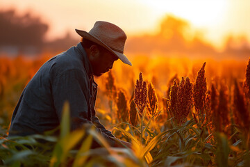 Farmer inspecting sorghum plants at sunrise, backlit golden tones.