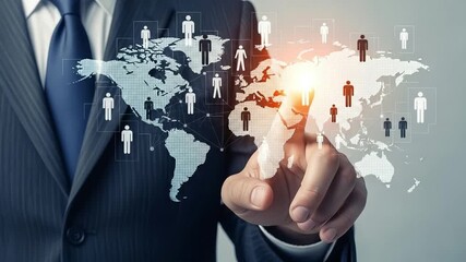 Businessman pointing at world map with human icons representing global connections and networking - Powered by Adobe