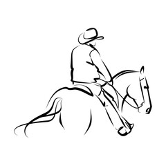 A Cowboy Silhouette Astride a Galloping Horse, Rodeo Style Illustration with Line Art Elements