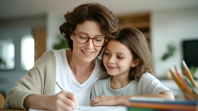 A creative grandmother draws pictures with her 7 year old granddaughter at an art table covered in crayons sketch pads and eraser crumbs accumulating shown in a imaginative phot
