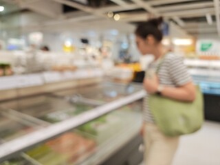 Abstract bokeh image of a person with a shopping bag in a retail setting.