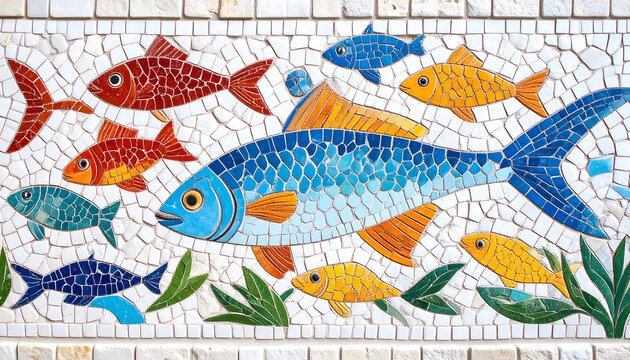Colorful fish mosaic tile wall art