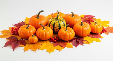 Naklejka premium A group of pumpkins and fall leaves arranged on a white surface for a seasonal autumn display scene