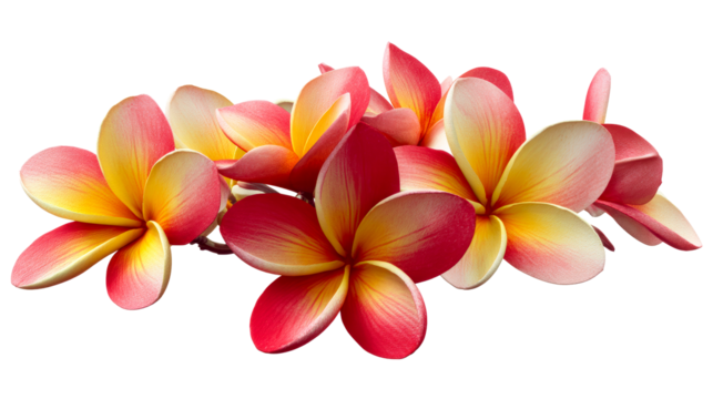 Cluster of Plumeria flowers with vibrant red and yellow petals on white, cut out transparent