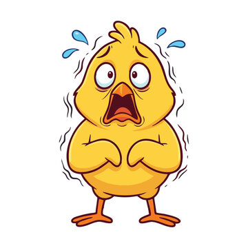 A cartoon yellow chick looking terrified, sweating and shaking with fear.