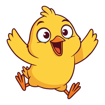 A cheerful yellow cartoon baby chick running happily with its wings outstretched.