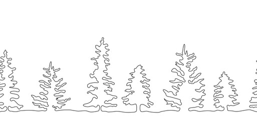 silhouette of forest winter trees. seamless pattern, Evergreen coniferous nature. Pine, spruce, tree in the style of one line. winter elements isolated on a white background. for print, banner © dezignstock