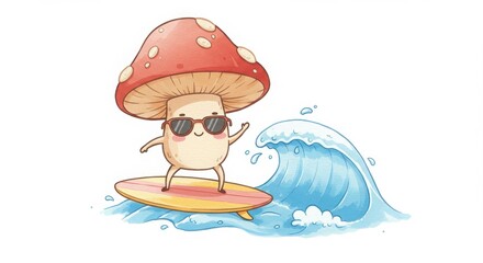 A cute cartoon mushroom character riding a surfboard on a small wave in a colorful watercolor illustration