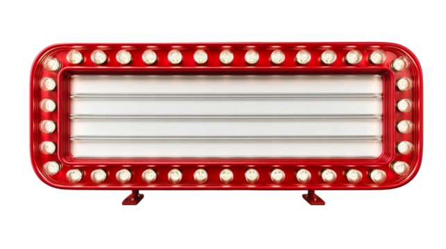 Vintage marquee sign with illuminated bulbs and empty message board, cut out transparent