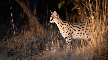 Naklejka premium Serval cat in tall dry grass, low light in natural bush environment