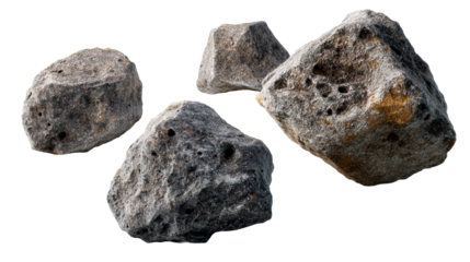 Rough textured, porous gray rocks with golden flecks scattered on a white background, cut out transparent