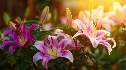 Fototapeta premium Beautiful lilies in the garden, pink and purple flowers sparkle in the warm light, creating an elegant atmosphere, perfect for romantic and serene mood design, wallpaper, with focus stacks.