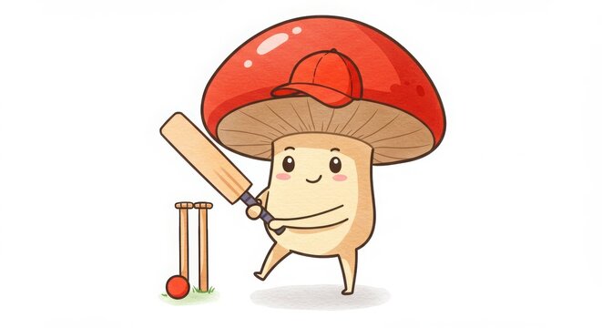 Naklejki A cute cartoon mushroom character playing cricket holding a bat in a colorful watercolor illustration