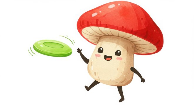 Naklejki A cute cartoon mushroom character catching a frisbee in a colorful watercolor illustration
