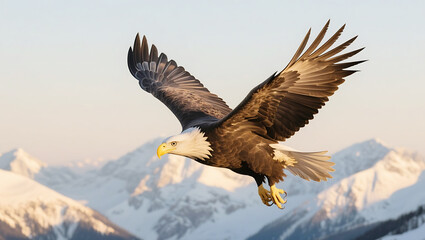 Obraz premium Majestic bald eagle soaring above snow-capped mountains at sunrise with golden light illuminating its wings