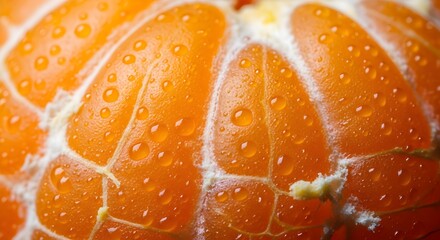 Refreshing close-up of vibrant orange segments glistening with water droplets, perfect for healthy lifestyle and food content