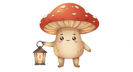 Naklejka premium A cute cartoon mushroom character holding a lantern glowing candle in a colorful watercolor illustration