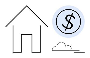 Minimalist house outline with a dollar sign overlay, blue circle and cloud accent. Ideal for real estate, finance, investment, mortgage, savings, homeownership economy. Simple flat metaphor