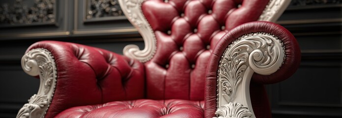 Luxurious vintage red leather armchair with ornate carved wooden details and button tufted upholstery