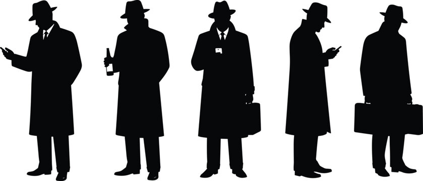Silhouettes of mysterious men in trench coats and hats using phone, holding briefcase, secretive spy detective concept background