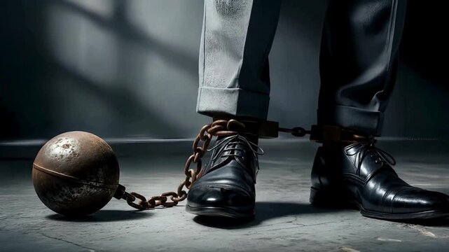 Businessman's feet shackled to a ball and chain, symbolizing burden and restriction in modern business