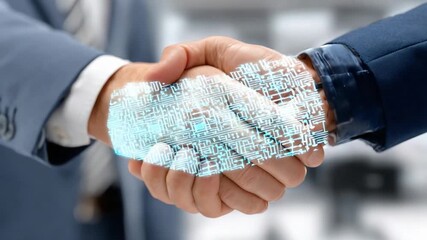 Digital handshake: A modern depiction of a business deal, two hands clasped in a handshake, a digital overlay suggesting a high-tech agreement, a visual metaphor for collaboration and partnerships. - Powered by Adobe