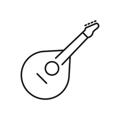 A line drawing of a mandolinlike instrument with a rounded body and strings. Editable stroke. Vector illustration