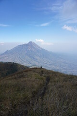 Fototapeta premium The savannah on Mount Merbabu with Mount Merapi in the background. Central Java, Indonesia