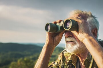 Elderly Man Observing Nature Through Binoculars in Scenic Landscape.