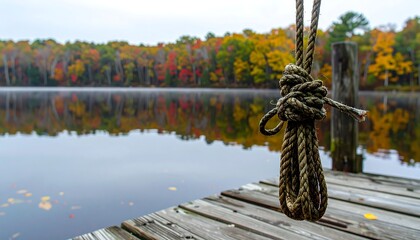 Autumnal dock rope knot on a misty lake