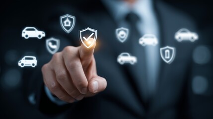 Chest-level shot of a businessperson pointing forward, bright holographic shield icons layered with clean vector-style car insurance policy icons