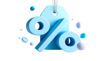 Three Dimensional Blue Percentage Symbol Floating Near A Tag, cut out transparent
