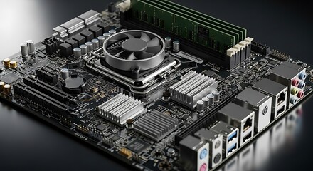 Detailed view of a modern computer motherboard with ram, heatsinks, and various ports, showcasing intricate electronic engineering and pc building