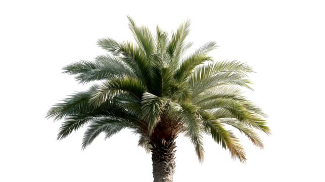 A detailed view of a date palm tree's fronds and trunk on a white background, cut out transparent