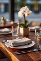 Elegant dining table with orchid and neatly arranged cutlery.