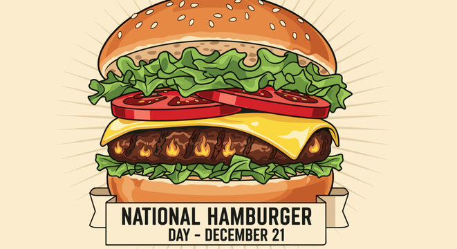 Illustration of a hamburger with lettuce, tomato, cheese, and a sesame seed bun for national hamburger day