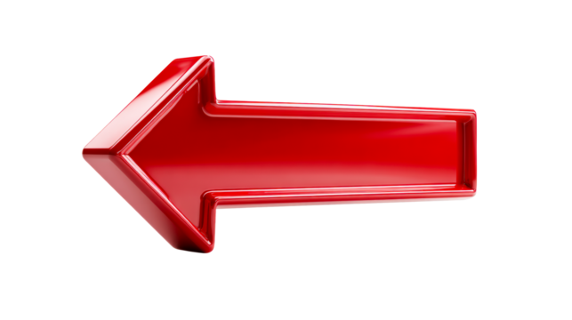 Shiny Red Arrow Pointing Left Against White Background, cut out transparent